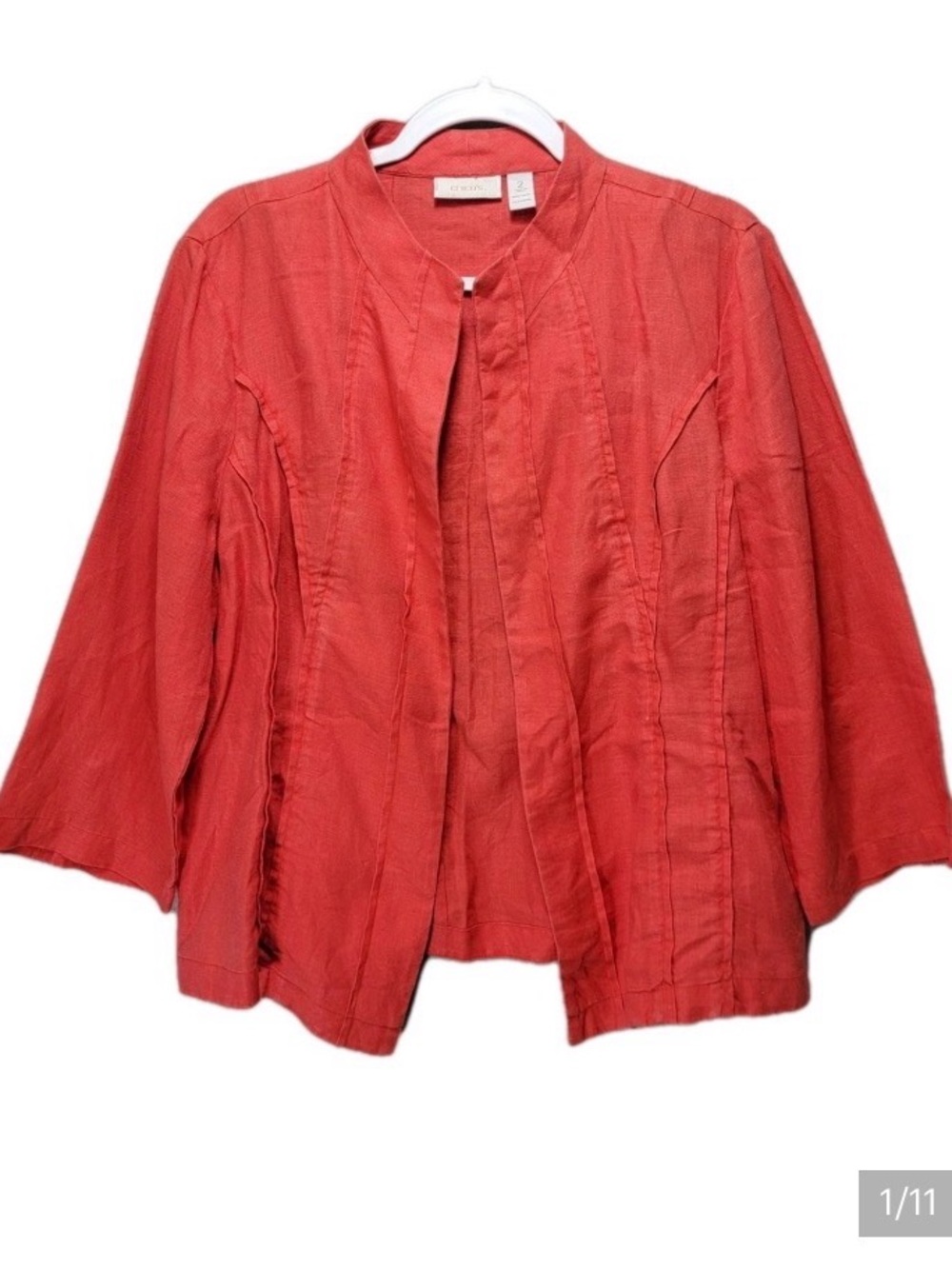 Chicos Linen Open Jacket Womens L Lightweight Red Office Business Summer Preppy